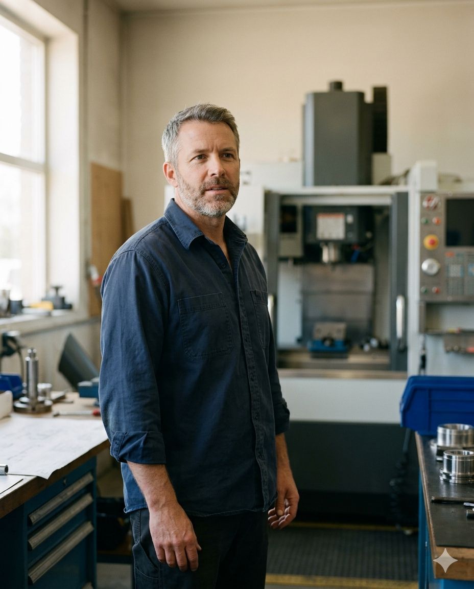 Konzentrierter Mann mittleren Alters im dunklen Hemd, ruhig stehend in einer Maschinenbau-Werkstatt vor einer CNC-Fräsmaschine, Tageslicht von links.